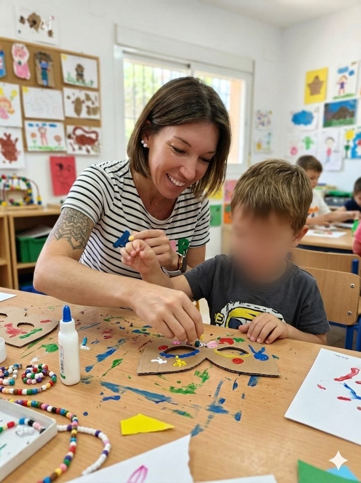 Charlène, éducatrice libérale, accompagne un enfant lors d'un atelier créatif